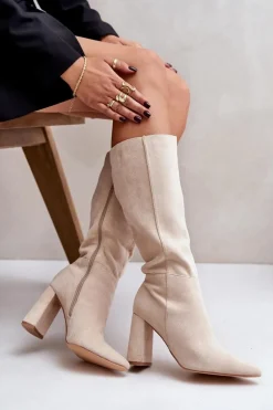 Kozaki Na Słupku Przed Kolano Jasnobeżowe Lannetea