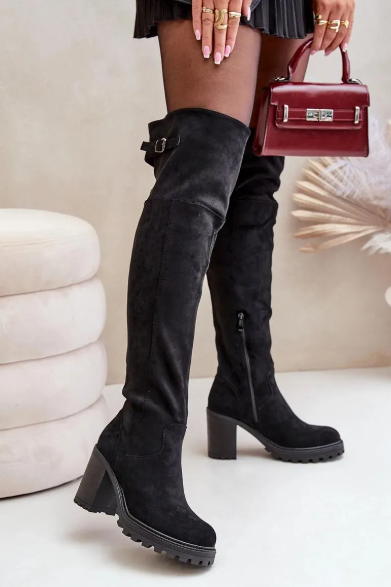 Kozaki Na Słupku Z Cholewką Za Kolano Ocieplane Czarne Niaviera