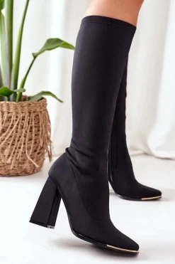 Kozaki Na Słupku Z Elastycznej Tkaniny Czarne Effect Wow