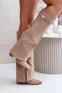 Kozaki Na Słupku Z Wywiniętą Cholewką Beżowe Evyra