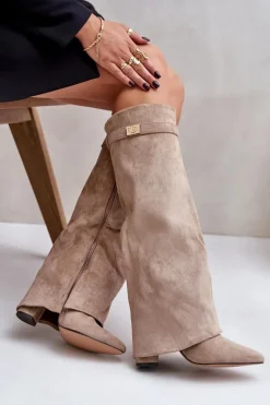 Kozaki Na Słupku Z Wywiniętą Cholewką Beżowe Evyra