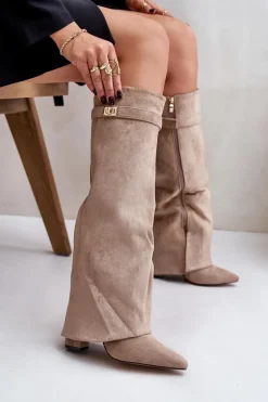 Kozaki Na Słupku Z Wywiniętą Cholewką Beżowe Evyra