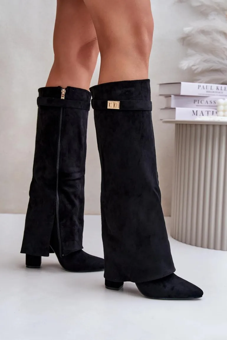 Kozaki Na Słupku Z Wywiniętą Cholewką Ocieplane Czarne Urelli