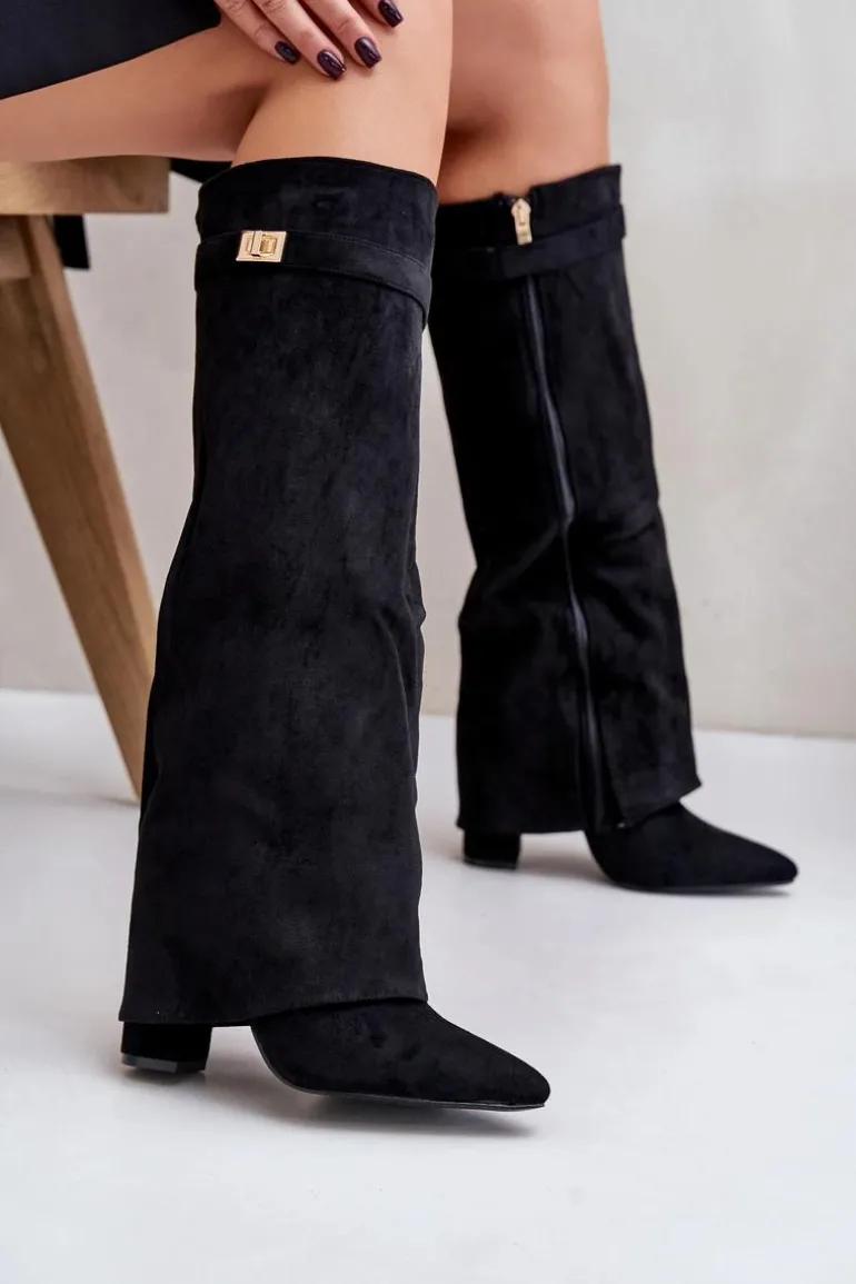 Kozaki Na Słupku Z Wywiniętą Cholewką Ocieplane Czarne Urelli