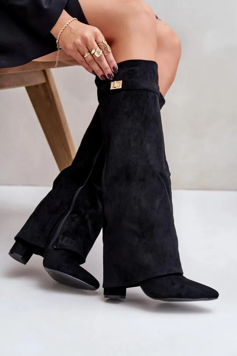 Kozaki Na Słupku Z Wywiniętą Cholewką Ocieplane Czarne Urelli