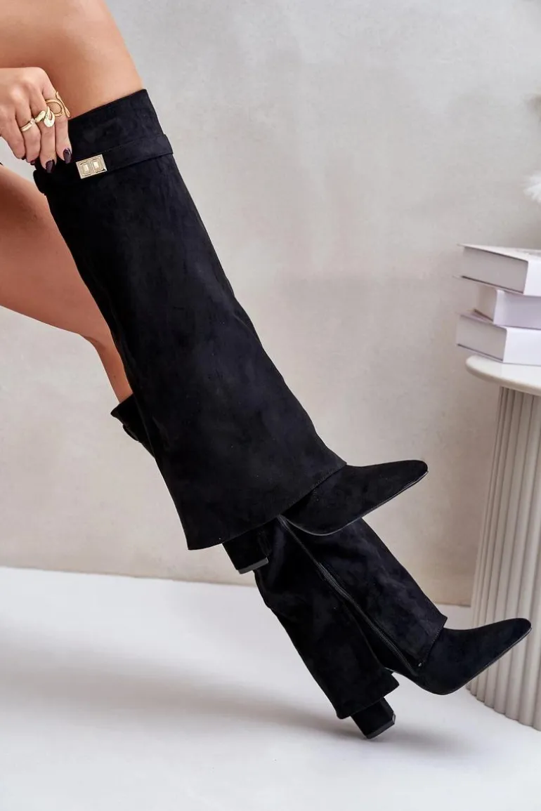 Kozaki Na Słupku Z Wywiniętą Cholewką Ocieplane Czarne Urelli