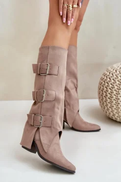 Kozaki Na Słupku Z Wywiniętą Cholewką I Klamrami Beżowe Vamissa