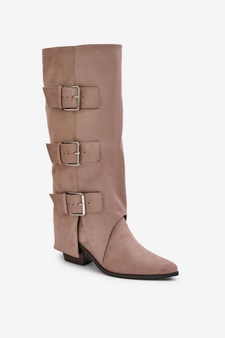 Kozaki Na Słupku Z Wywiniętą Cholewką I Klamrami Beżowe Vamissa