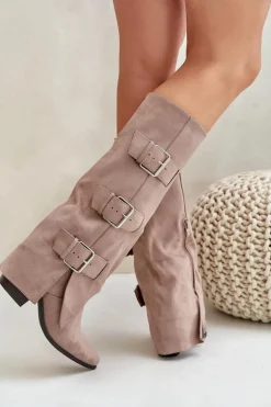 Kozaki Na Słupku Z Wywiniętą Cholewką I Klamrami Beżowe Vamissa