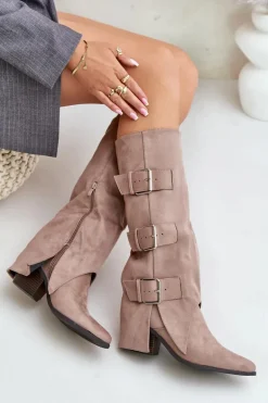 Kozaki Na Słupku Z Wywiniętą Cholewką I Klamrami Beżowe Vamissa