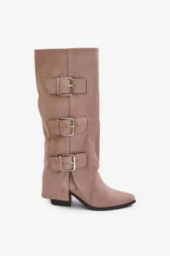 Kozaki Na Słupku Z Wywiniętą Cholewką I Klamrami Beżowe Vamissa