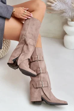 Kozaki Na Słupku Z Wywiniętą Cholewką I Klamrami Beżowe Vamissa