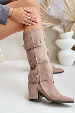 Kozaki Na Słupku Z Wywiniętą Cholewką I Klamrami Beżowe Vamissa