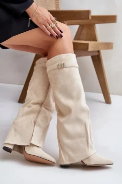 Kozaki Na Słupku Z Wywiniętą Cholewką Ocieplane Jasnobeżowe Urelli