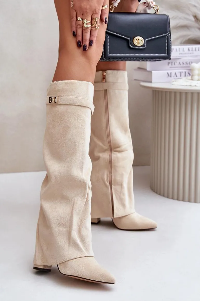 Kozaki Na Słupku Z Wywiniętą Cholewką Ocieplane Jasnobeżowe Urelli