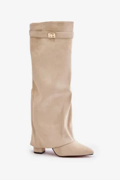 Kozaki Na Słupku Z Wywiniętą Cholewką Ocieplane Jasnobeżowe Urelli