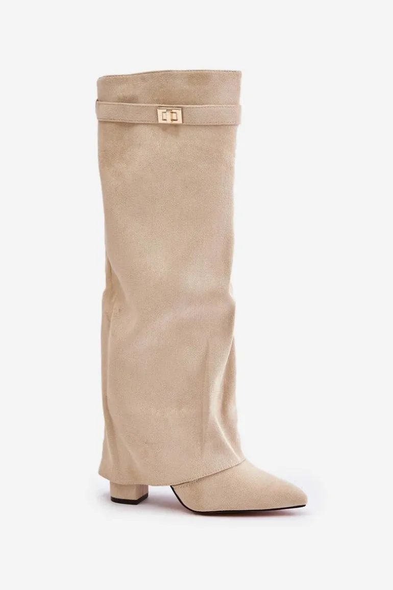 Kozaki Na Słupku Z Wywiniętą Cholewką Ocieplane Jasnobeżowe Urelli