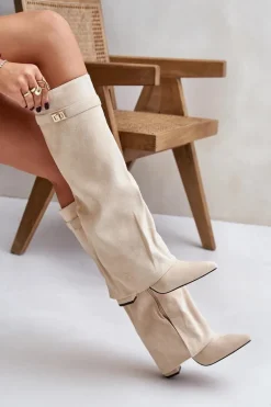 Kozaki Na Słupku Z Wywiniętą Cholewką Ocieplane Jasnobeżowe Urelli