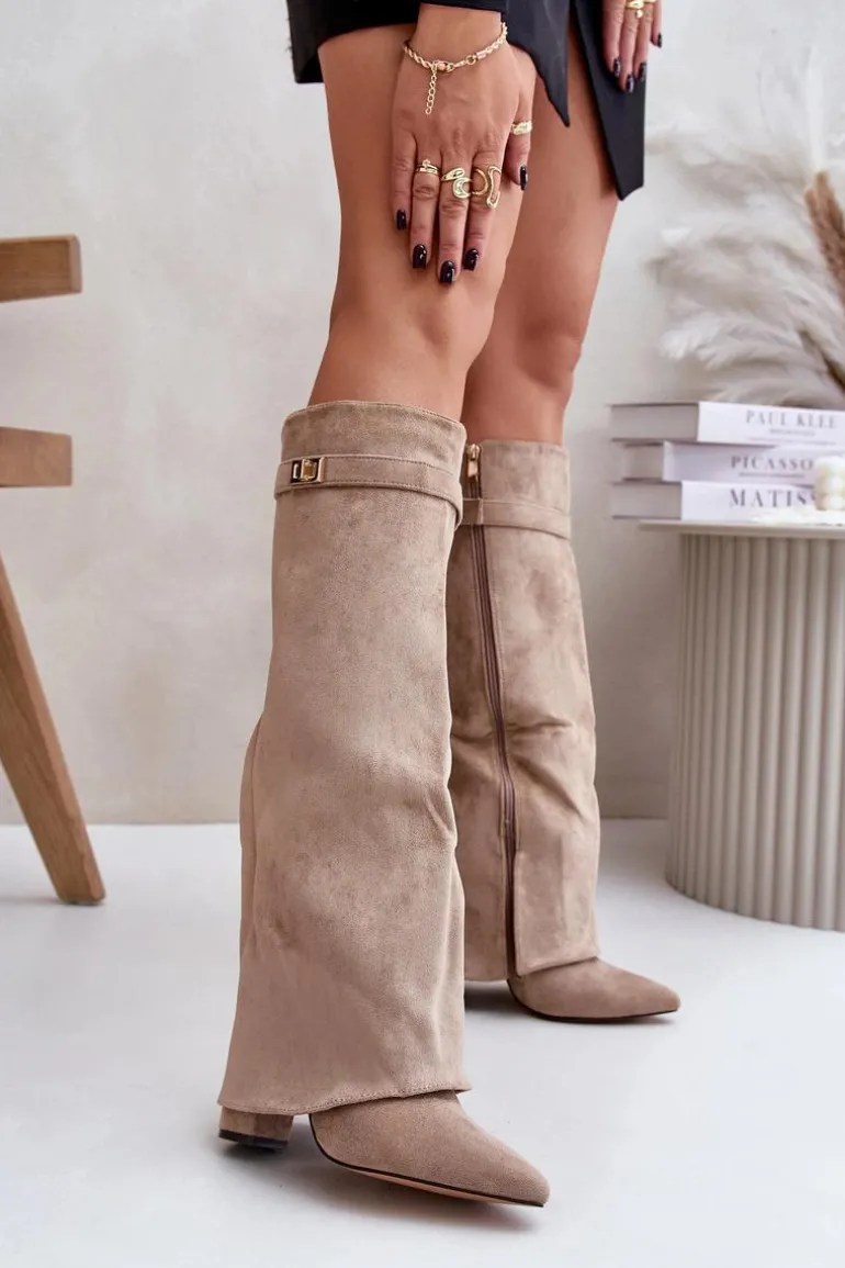 Kozaki Na Słupku Z Wywiniętą Cholewką Ocieplane Beżowe Urelli