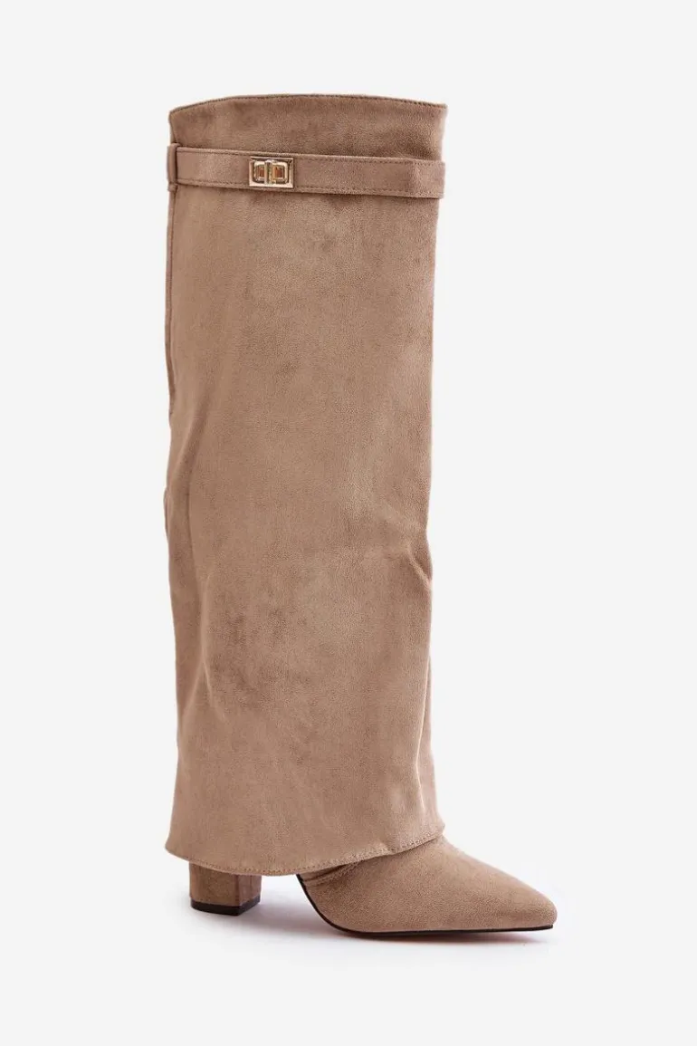 Kozaki Na Słupku Z Wywiniętą Cholewką Ocieplane Beżowe Urelli