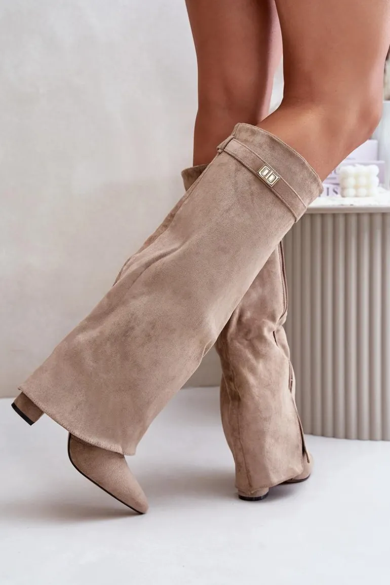 Kozaki Na Słupku Z Wywiniętą Cholewką Ocieplane Beżowe Urelli