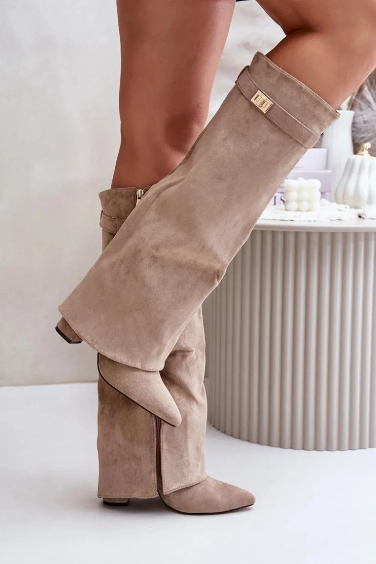 Kozaki Na Słupku Z Wywiniętą Cholewką Ocieplane Beżowe Urelli