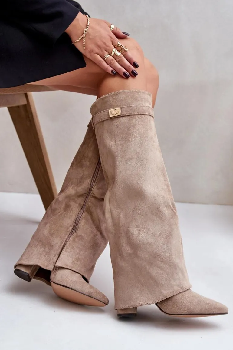 Kozaki Na Słupku Z Wywiniętą Cholewką Ocieplane Beżowe Urelli