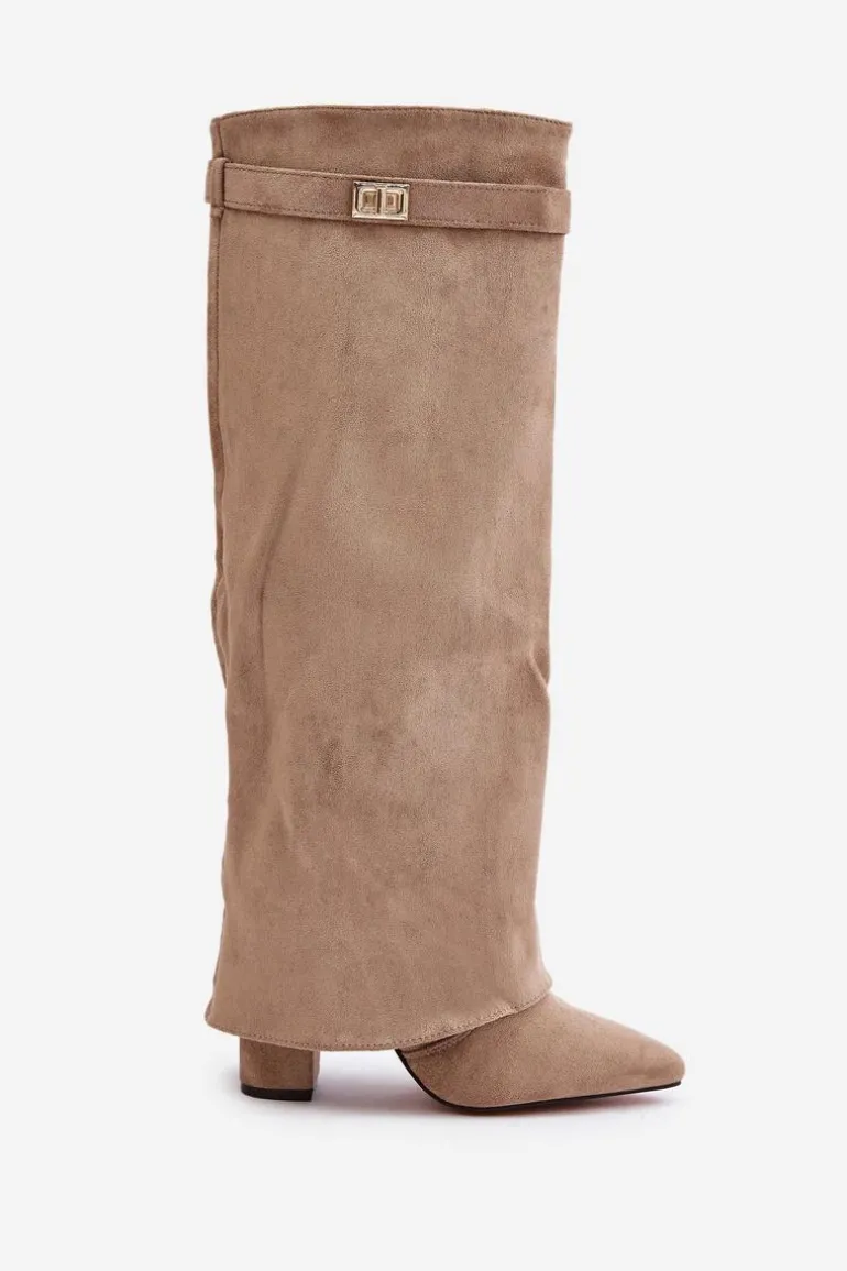 Kozaki Na Słupku Z Wywiniętą Cholewką Ocieplane Beżowe Urelli