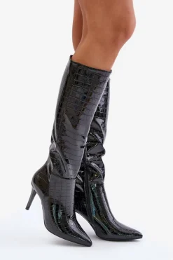 Kozaki Na Szpilce Z Tłoczeniem Czarne Reanwenna