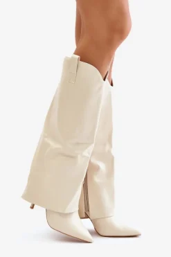 Kozaki Na Szpilce Z Wywiniętą Cholewką Jasnobeżowe Bellinna