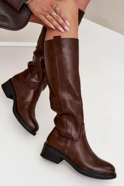 Kozaki Oficerki Damskie Na Niskim Obcasie Ocieplane Brązowe Averna