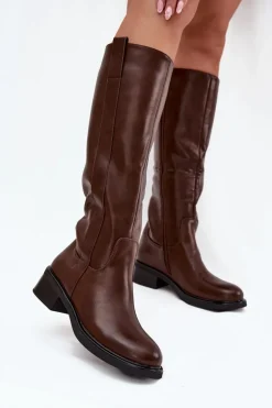 Kozaki Oficerki Damskie Na Niskim Obcasie Ocieplane Brązowe Averna