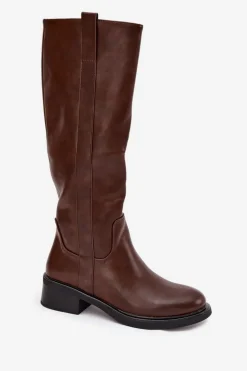 Kozaki Oficerki Damskie Na Niskim Obcasie Ocieplane Brązowe Averna