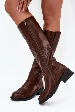 Kozaki Oficerki Damskie Na Niskim Obcasie Ocieplane Brązowe Averna