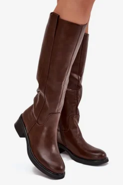 Kozaki Oficerki Damskie Na Niskim Obcasie Ocieplane Brązowe Averna