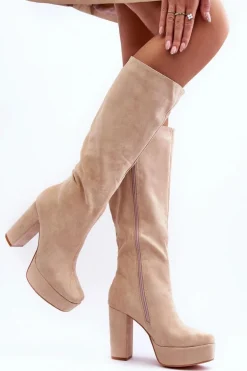 Kozaki Przed Kolano Na Obcasie I Platformie Beżowe Baldrema