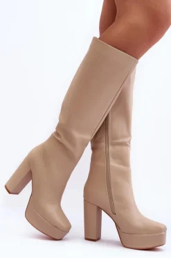 Kozaki Przed Kolano Na Obcasie I Platformie Beżowe Baldrema
