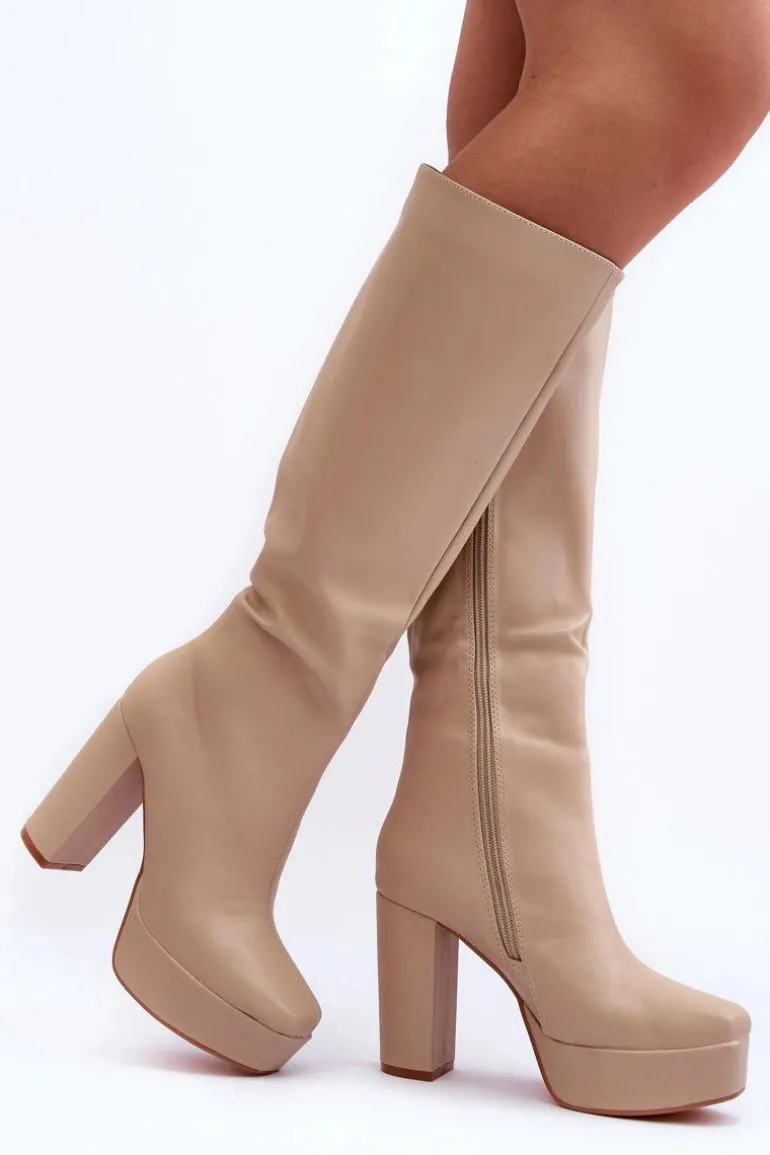 Kozaki Przed Kolano Na Obcasie I Platformie Beżowe Baldrema