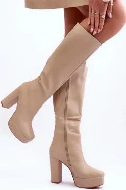 Kozaki Przed Kolano Na Obcasie I Platformie Beżowe Baldrema