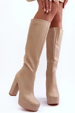 Kozaki Przed Kolano Na Obcasie I Platformie Beżowe Baldrema