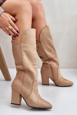 Kozaki Przed Kolano Na Słupku Z Eko Zamszu Beżowe Clorira