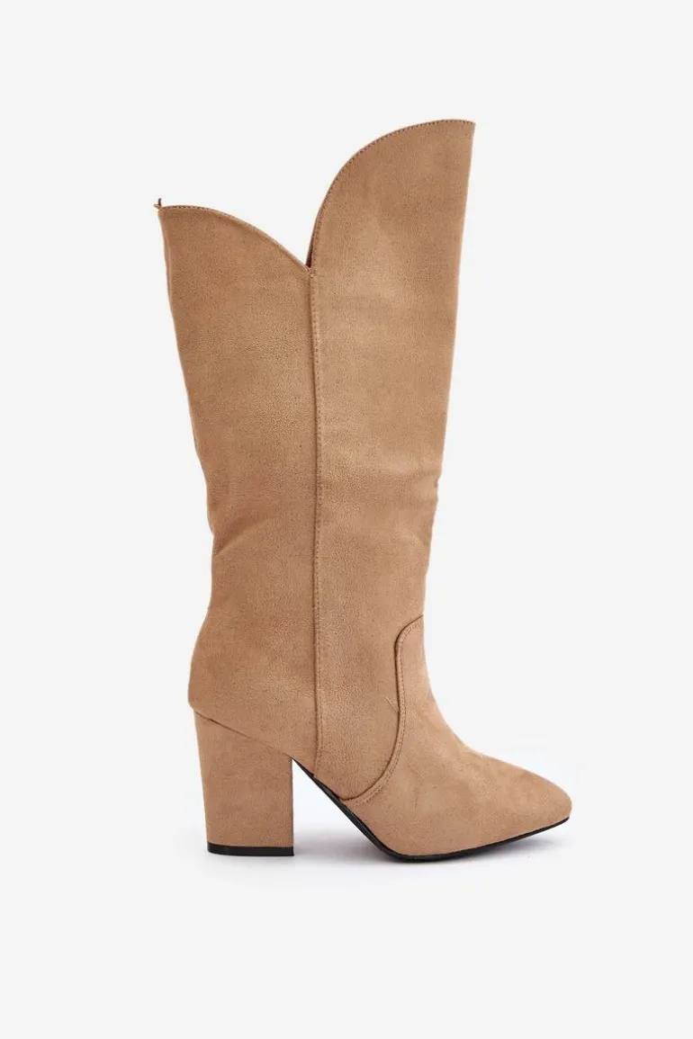 Kozaki Przed Kolano Na Słupku Z Eko Zamszu Beżowe Clorira