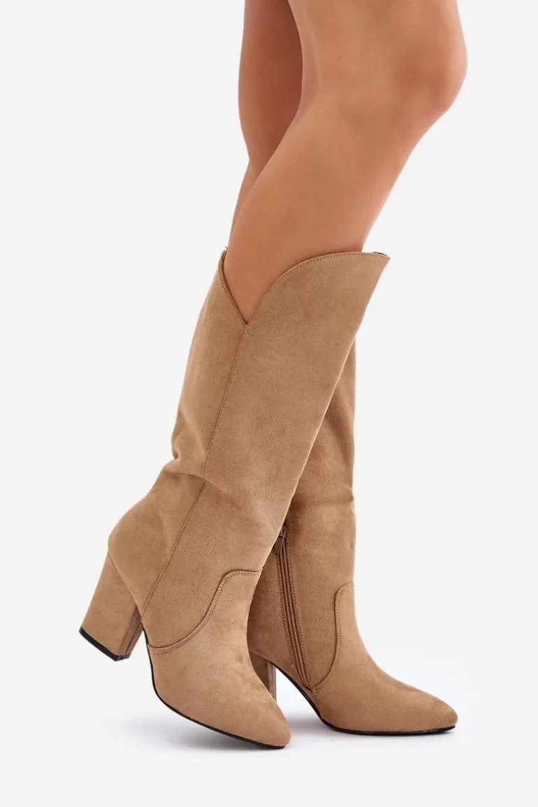 Kozaki Przed Kolano Na Słupku Z Eko Zamszu Beżowe Clorira