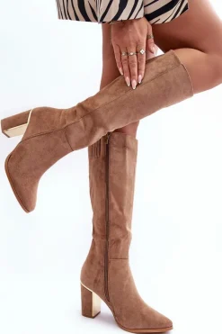 Kozaki Przed Kolano Na Słupku Zamszowe Ciemnobeżowe Kilrenita