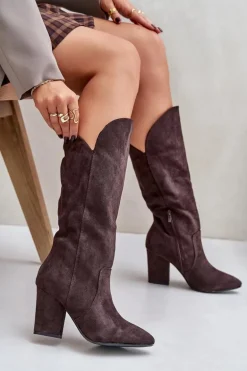 Kozaki Przed Kolano Na Słupku Z Eko Zamszu Brązowe Clorira