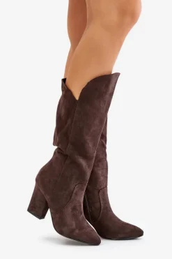 Kozaki Przed Kolano Na Słupku Z Eko Zamszu Brązowe Clorira