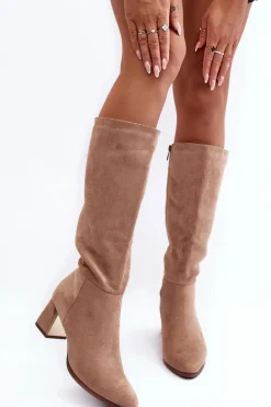 Kozaki Przed Kolano Zamszowe Na Obcasie Beżowe Inatris