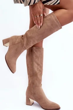 Kozaki Przed Kolano Zamszowe Na Obcasie Beżowe Inatris