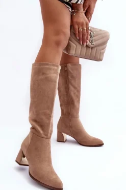 Kozaki Przed Kolano Zamszowe Na Obcasie Beżowe Inatris