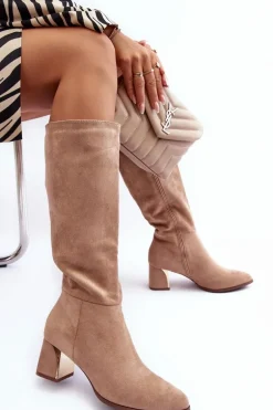 Kozaki Przed Kolano Zamszowe Na Obcasie Beżowe Inatris